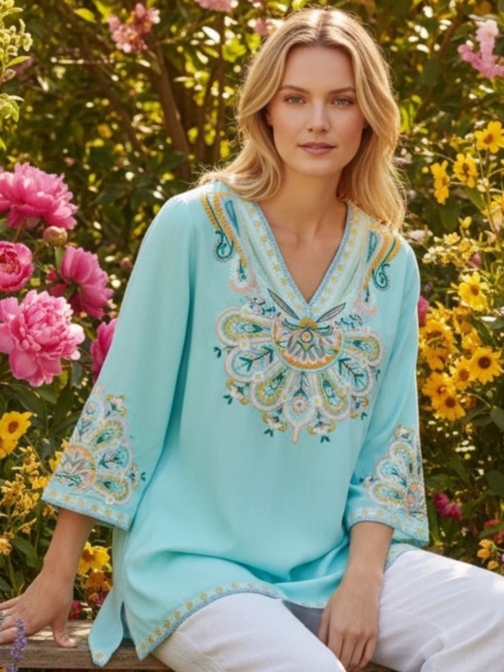 Soft Surroundings size M Aqua Embroidered V-Neck Tunic blouse